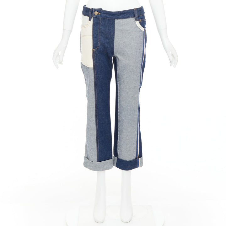 MONSE dark light blue reversed deconstructed patchwork flare cropped jeans US2 S