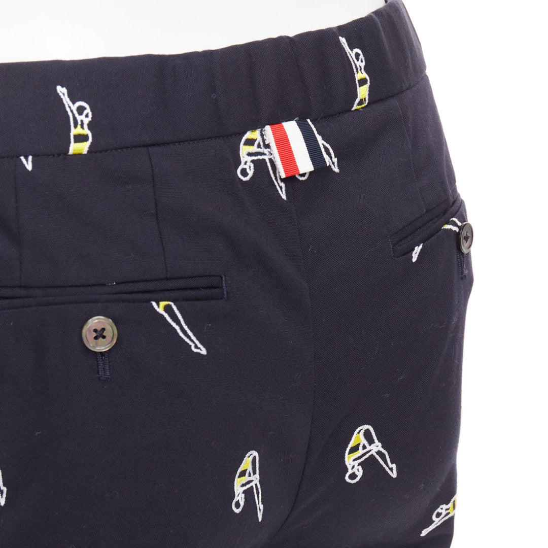 THOM BROWNE navy blue cotton yellow diver embroidery cropped chino pants US0 XS