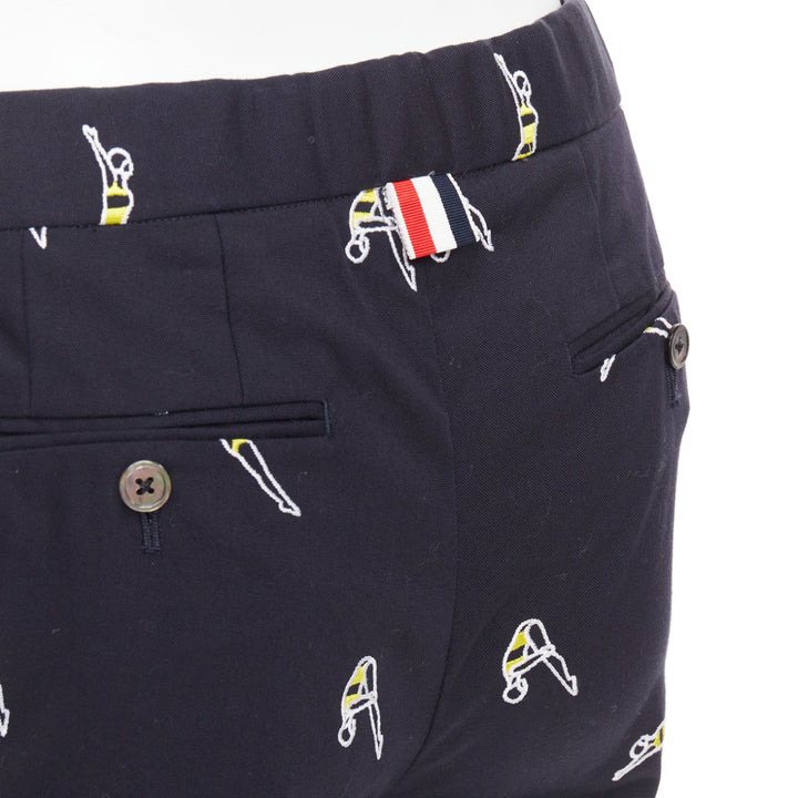 THOM BROWNE navy blue cotton yellow diver embroidery cropped chino pants US0 XS