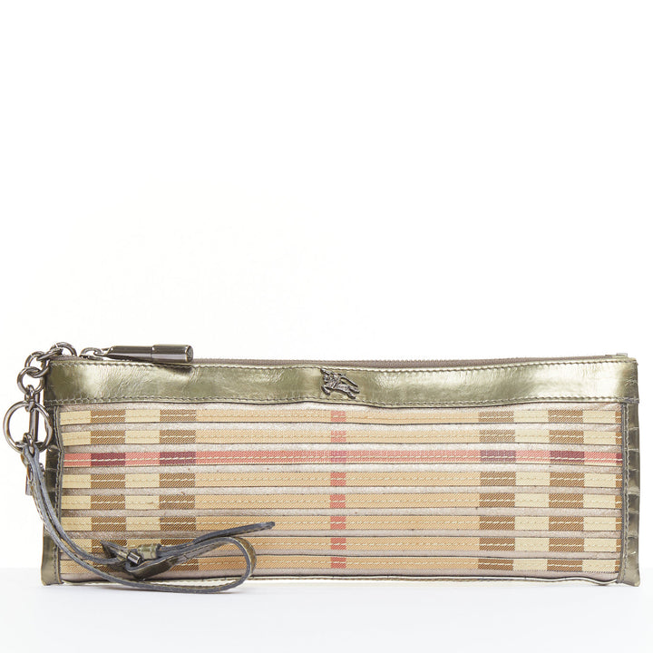 BURBERRY Nova Check metallic gold leather House Check applique zip clutch bag