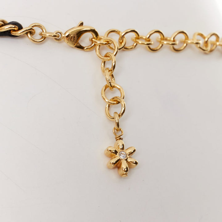 CHANEL I23A gold-tone CC  crystal strass pave black leather choker necklace