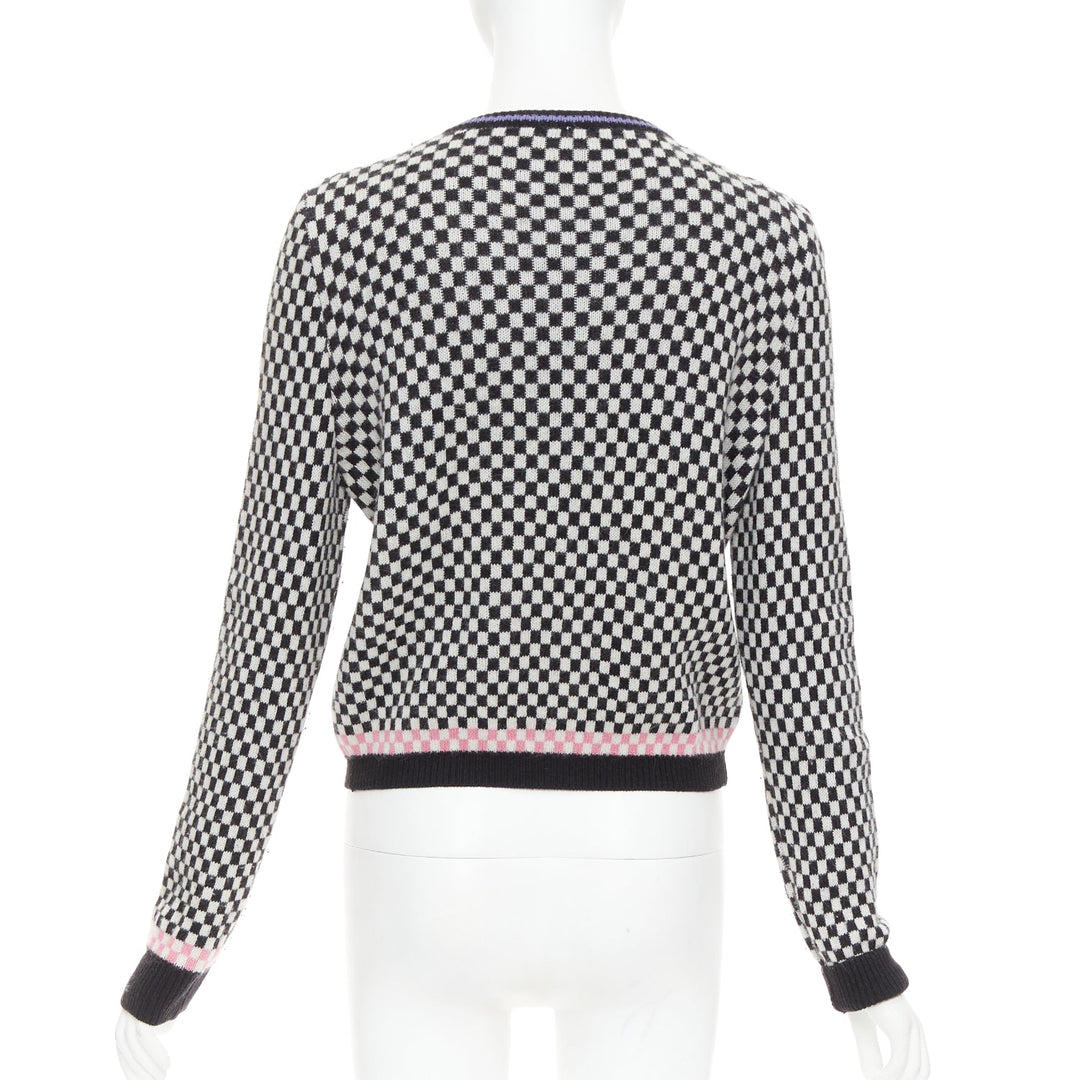 GIANNI VERSACE Vintage wooly checkered pink purple trim cardigan IT42 M
