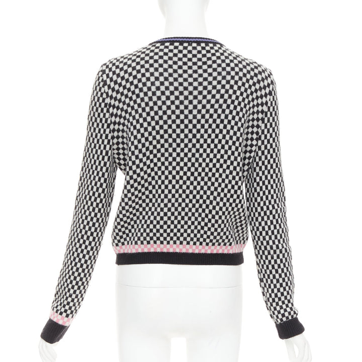 GIANNI VERSACE Vintage wooly checkered pink purple trim cardigan IT42 M