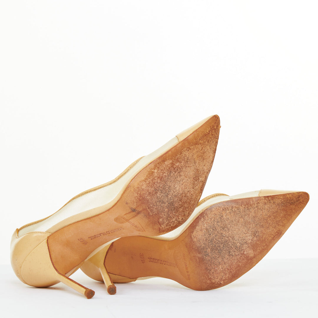 MANOLO BLAHNIK Belta sheer mesh nude beige leather cap toe stiletto pumps EU37.5
