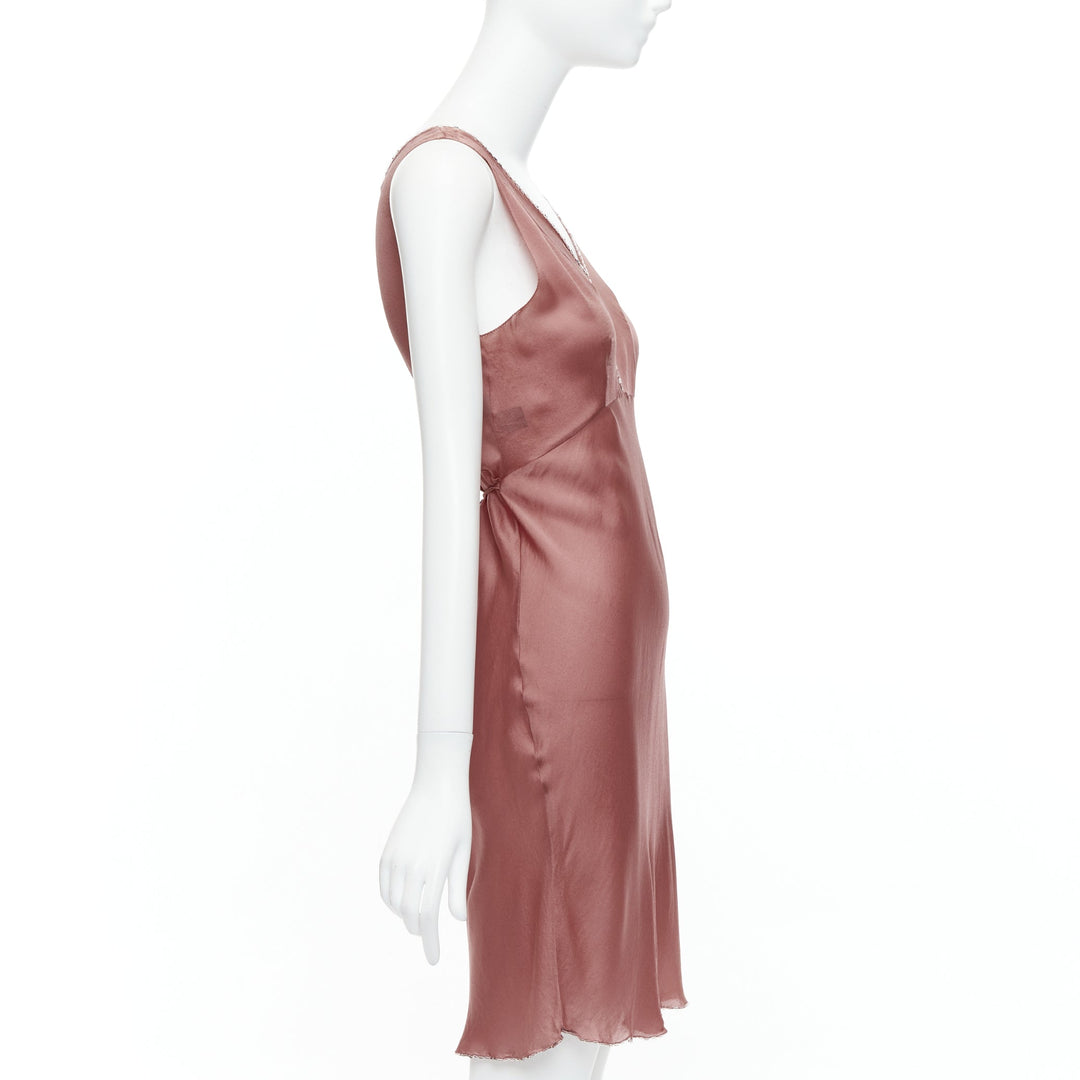 PRADA Vintage 100% silk blush pink beaded trim V neck slip dress IT42 M