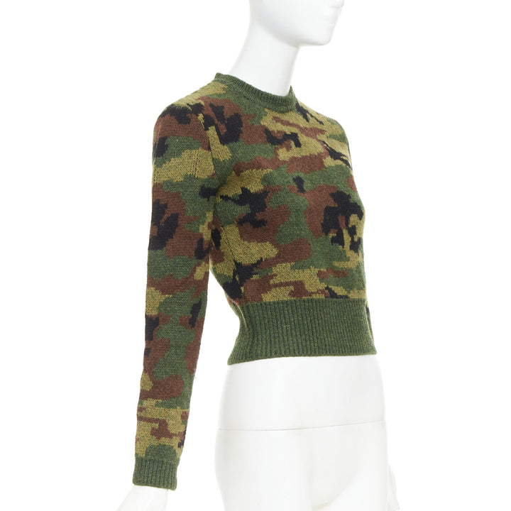 MIU MIU 2019 green brown wool camouflage cropped sweater pullover IT36 XXS