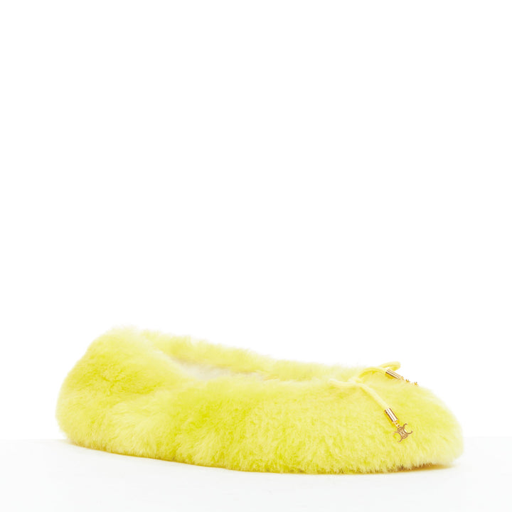 CELINE 2022 Les Ballerines yellow plush furry triomphe bow ballet flats EU37