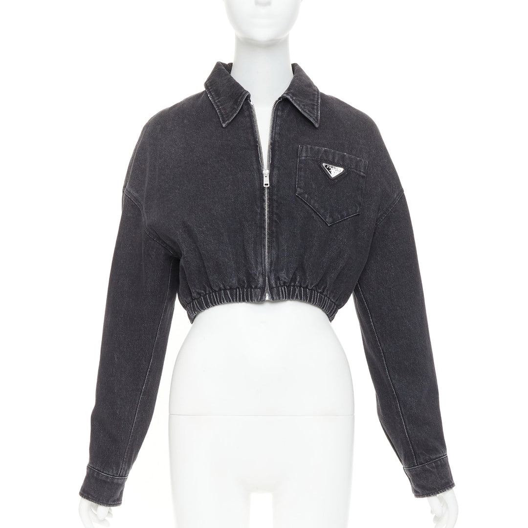 PRADA 2022 grey faded denim triangle logo plague cropped blouson jacket IT40 S