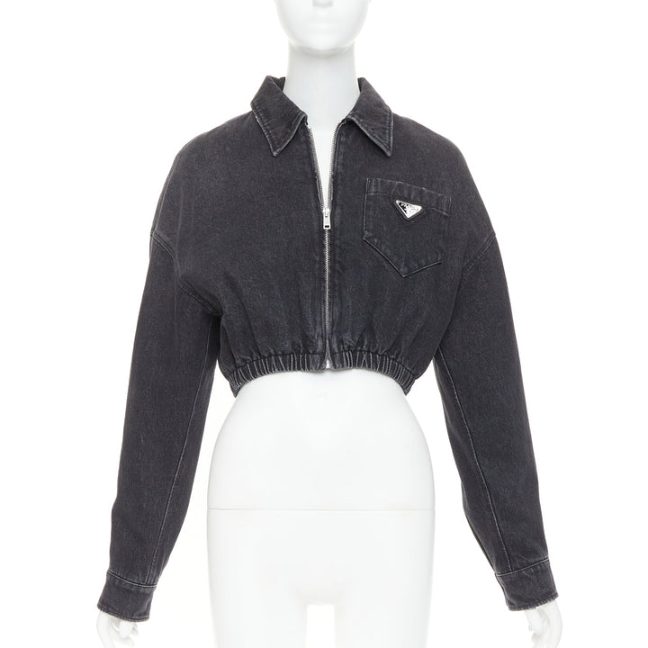 PRADA 2022 grey faded denim triangle logo plague cropped blouson jacket IT40 S