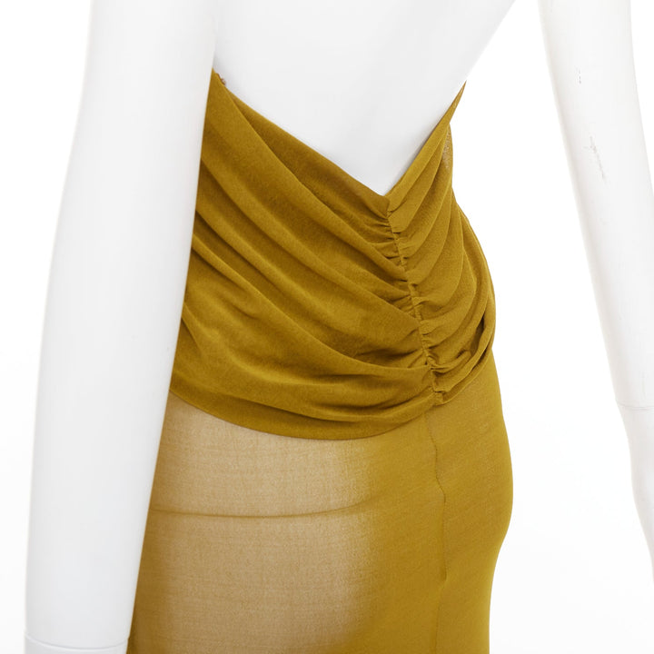 SAINT LAURENT 2023 Runway gold hooded draped maxi sheer dress FR34 XS