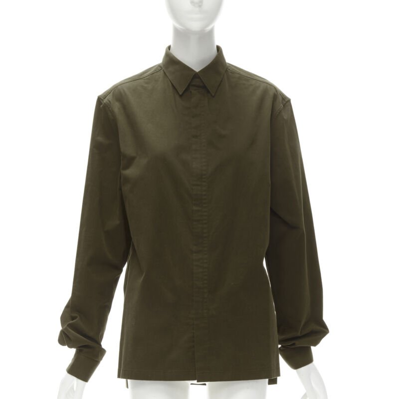 BALENCIAGA army green cotton-blend concealed zip front shirt EU38 S