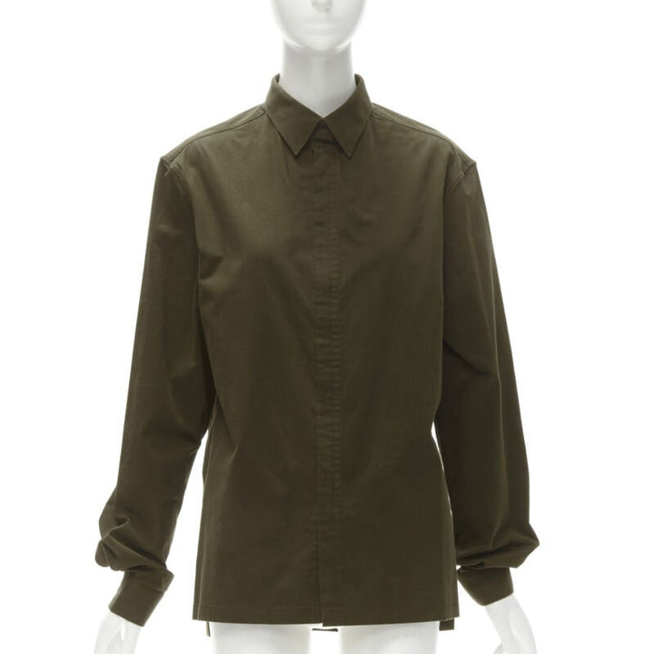 BALENCIAGA army green cotton-blend concealed zip front shirt EU38 S