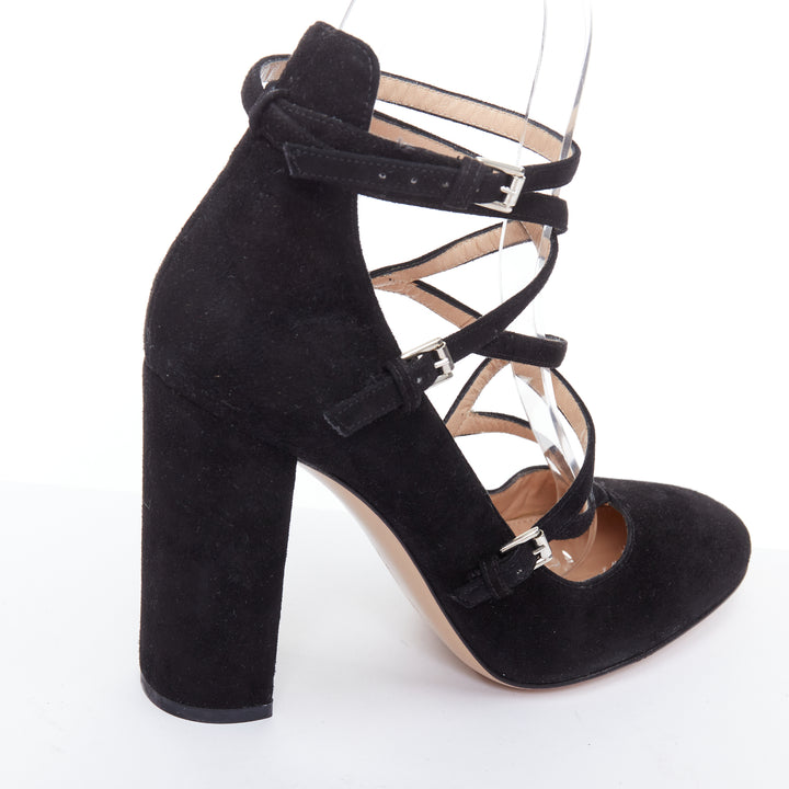 GIANVITO ROSSI black suede leather criss cross strappy block heels EU38