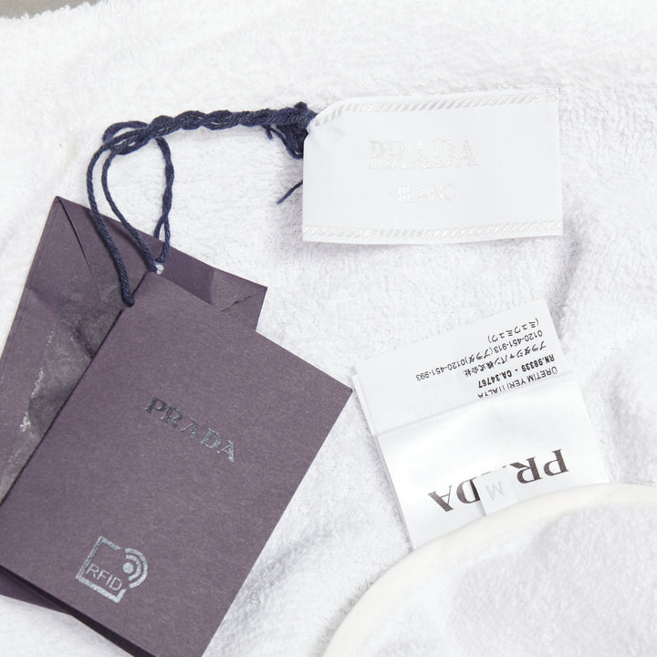 PRADA 2021 white terry towelling black triangle logo plaque bowling shirt M