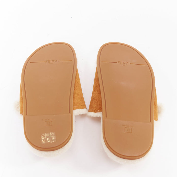 FENDI Feel tan brown suede shearling gold FF buckle sandal slides EU38