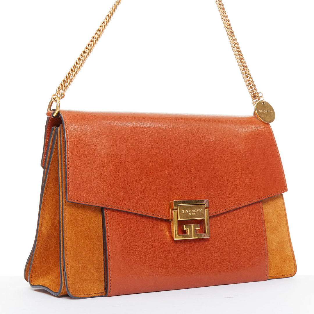 GIVENCHY GV3 Small tan brown leather suede clasp structured crossbody bag