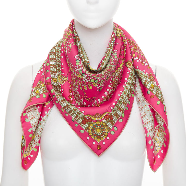 HERMES Parures des Maharajas pink green 100% silk jewel print scarf 90cm