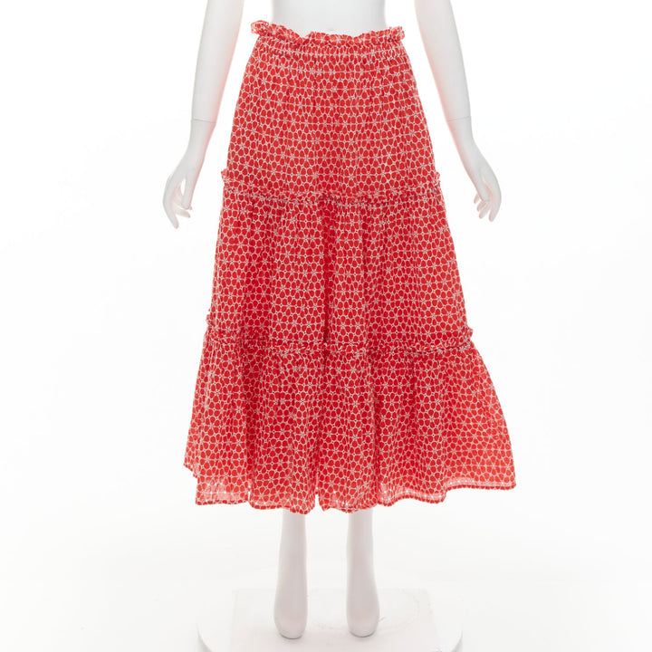 LISA MARIE FERNANDEZ red cotton white embroidery eyelet ruffle midi skirt US2 S