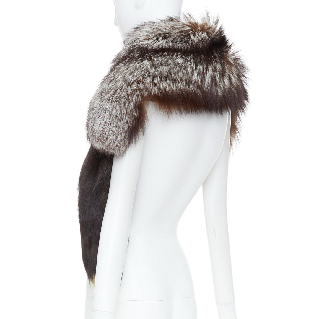 DOLCE GABBANA Volpe Frost silver fox fur tail asymmetry statement shawl capelet