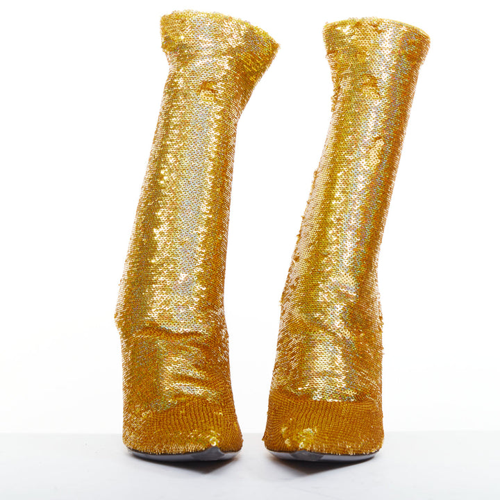 BALENCIAGA Demna Knife gold holographic sequins point toe sock ankle boots EU36
