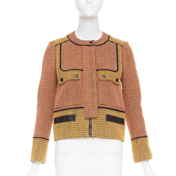 PROENZA SCHOULER orange basket weave tweed black leather trim jacket US2 S