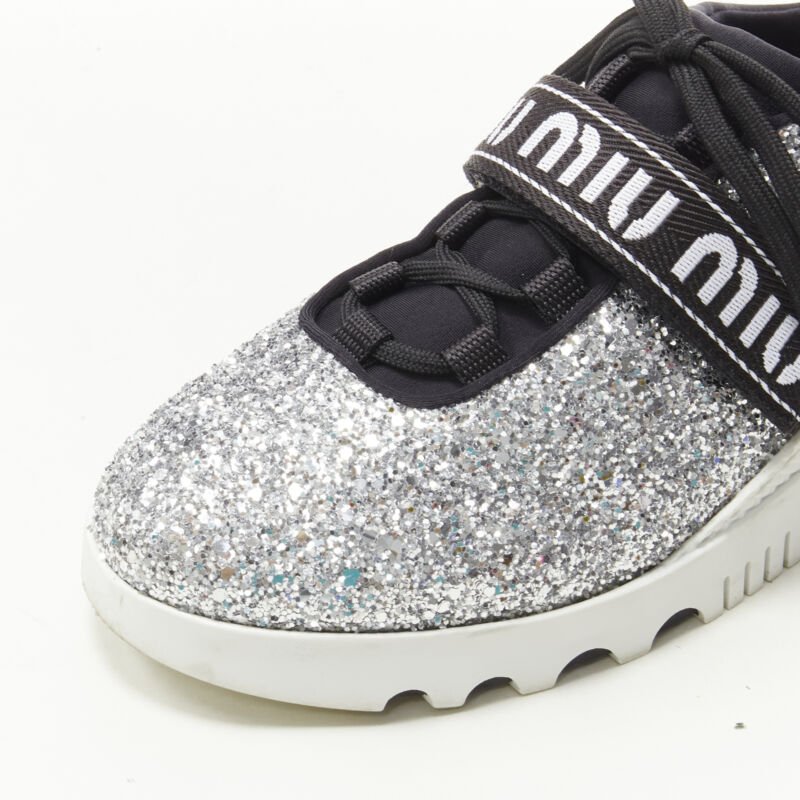 MIU MIU silver glitter logo strap low top runner sneaker EU36