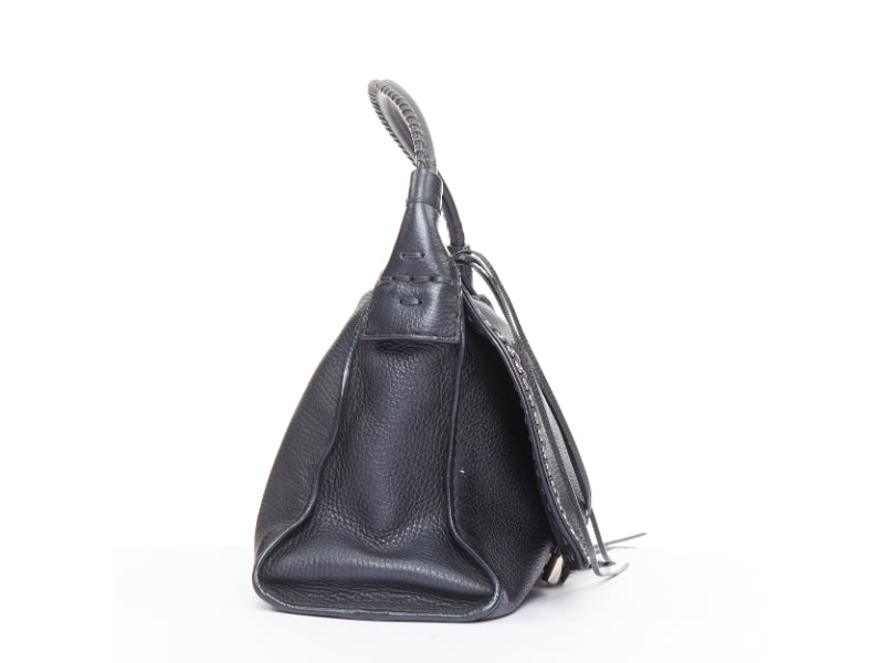 TOD'S Double Double T black calfskin silver grommet weave fringe shoulder bag