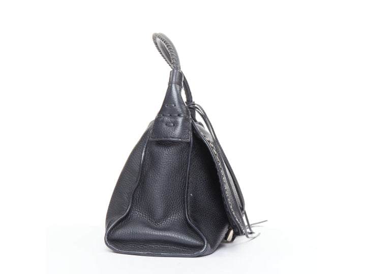 TOD'S Double Double T black calfskin silver grommet weave fringe shoulder bag