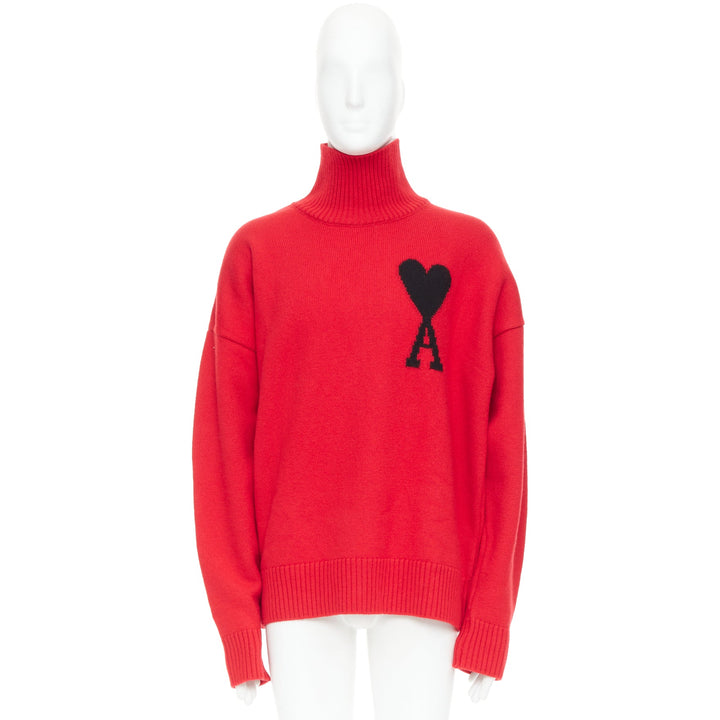 AMI de Coeur red virgin wool black heart logo turtleneck sweater L