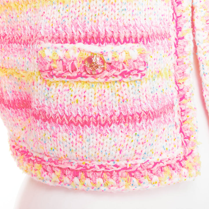 CHANEL 24C Coco Heart pink crochet tweed trim cardigan jacket FR34 XS