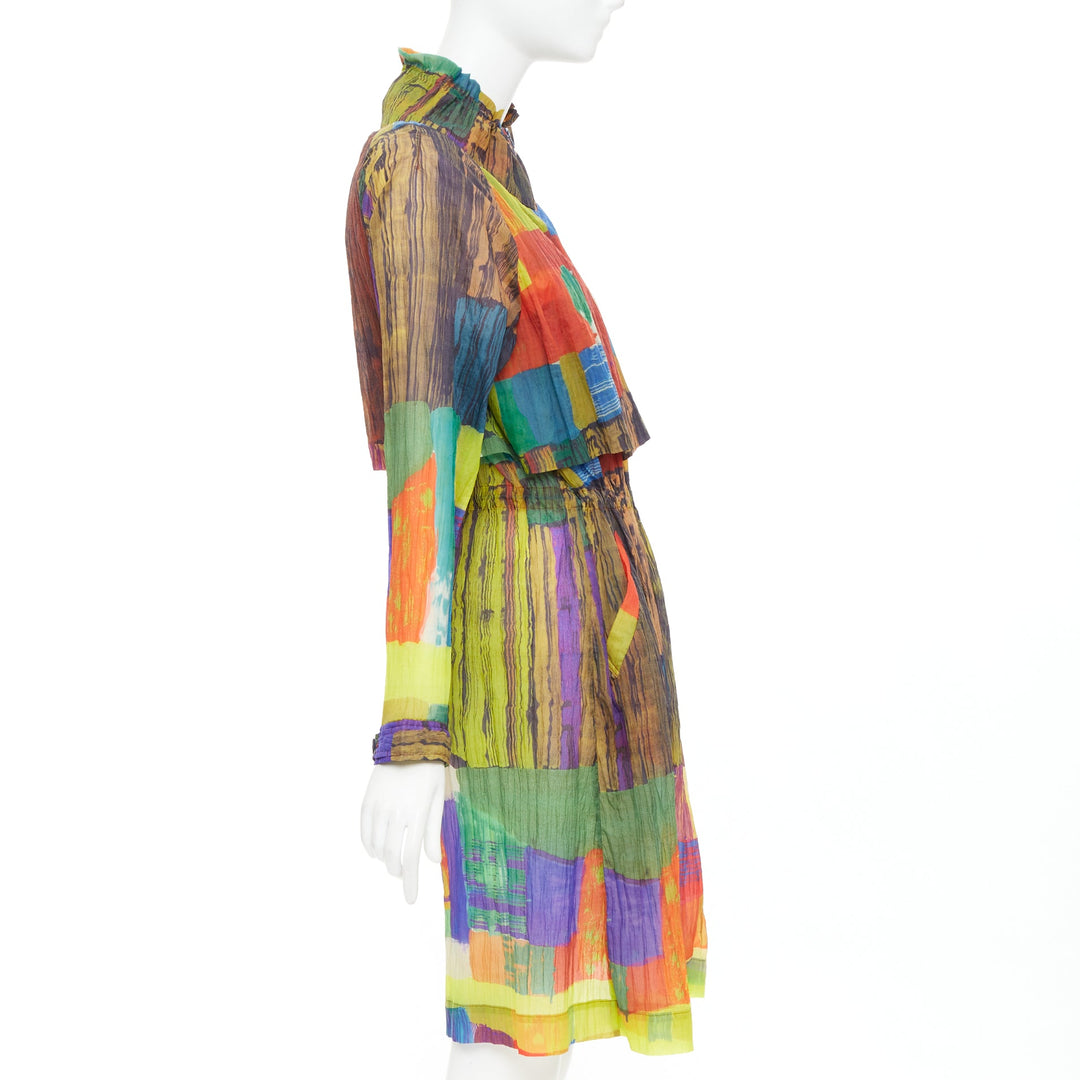 ISSEY MIYAKE multicolor rainbow geometric printed pleated coat dress JP2 M