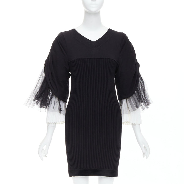 CHANEL 09P Runway Vintage black cream cotton puff tulle sleeve dress FR38 M