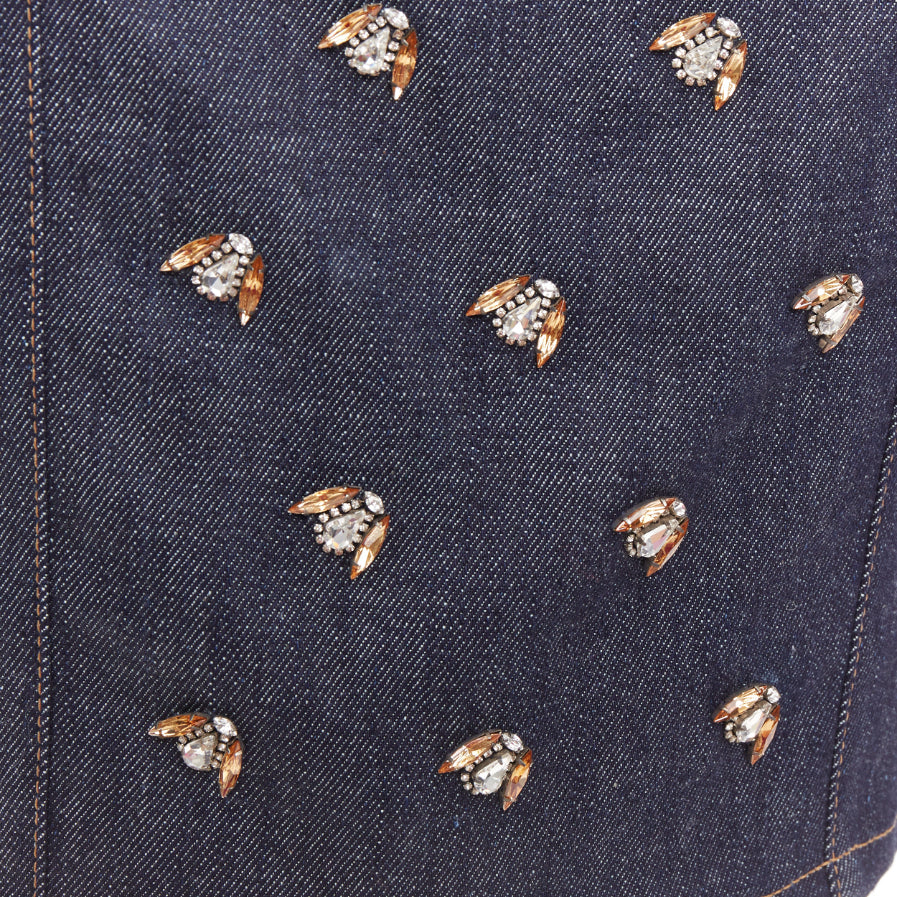 CHRISTIAN DIOR indigo blue denim glass metal bead embellished midi skirt FR36 S