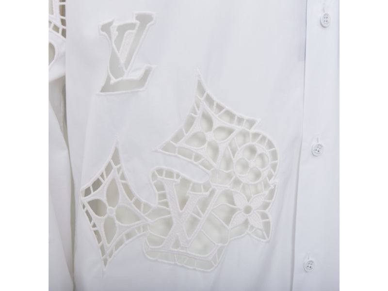 LOUIS VUITTON 2020 Runway Broderie Anglaise Flower Slim white LV eyelet shirt L