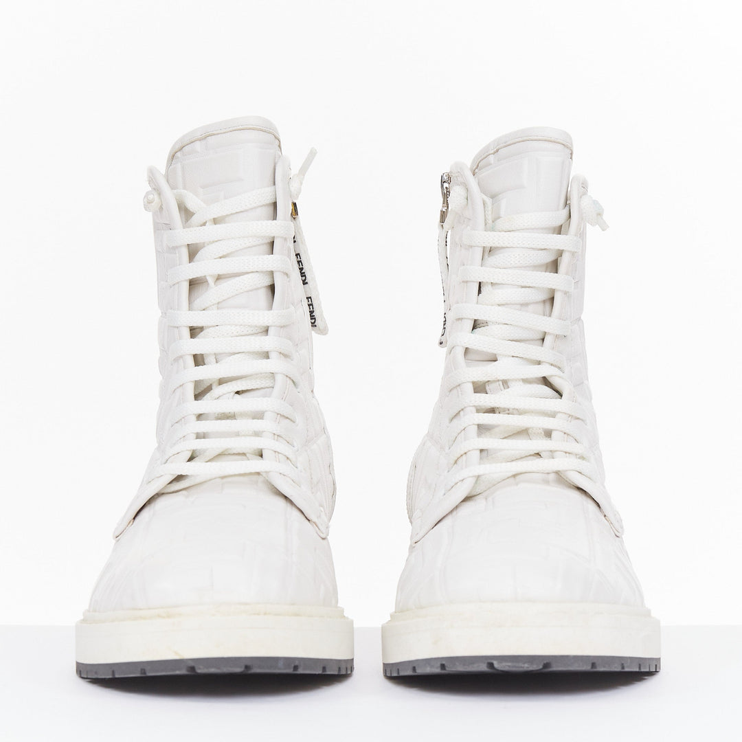 FENDI 2019 Nappa FF Embossed Karligraphy white leather lace combat boots EU38.5