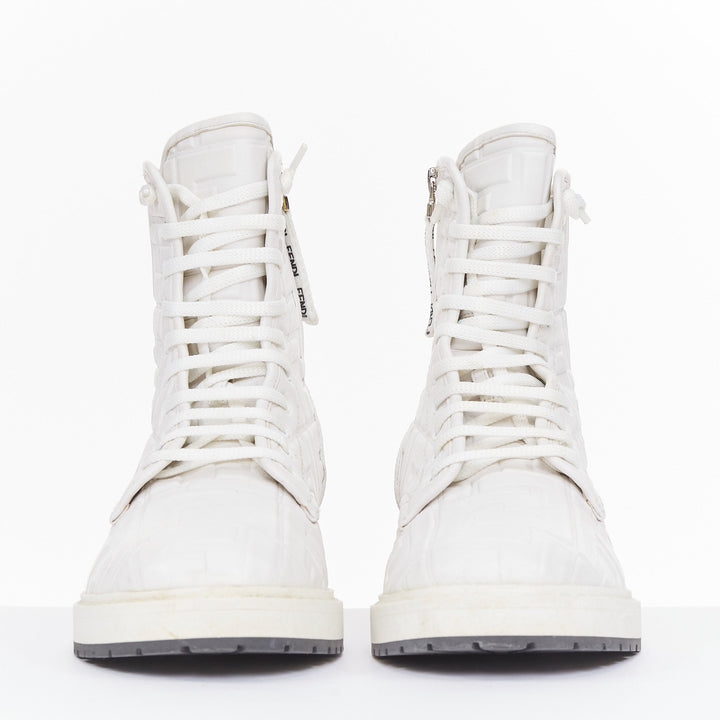 FENDI 2019 Nappa FF Embossed Karligraphy white leather lace combat boots EU38.5