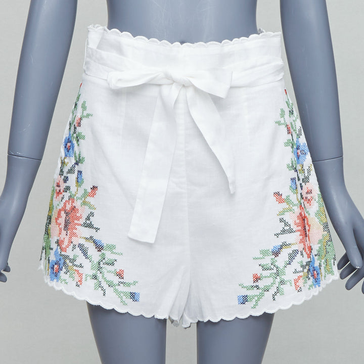 ZIMMERMANN Juliette white linen floral embroidery belted shorts US2 XXS