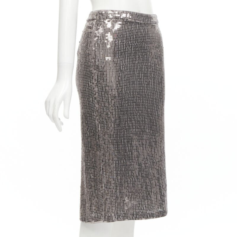 ALICE OLIVIA silver metallic sequins back slit knee length pencil skirt US0 XS