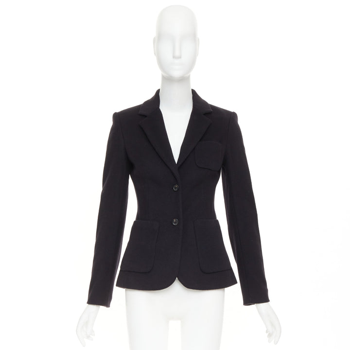 THE ROW black wool deerskin trim 3 patch pockets fitted blazer jacket US2 S