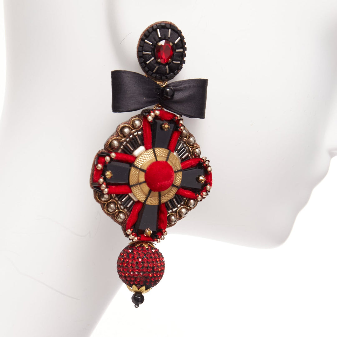 RANJANA KHAN red black ethnic bow crystal ball dangling clip on earrings