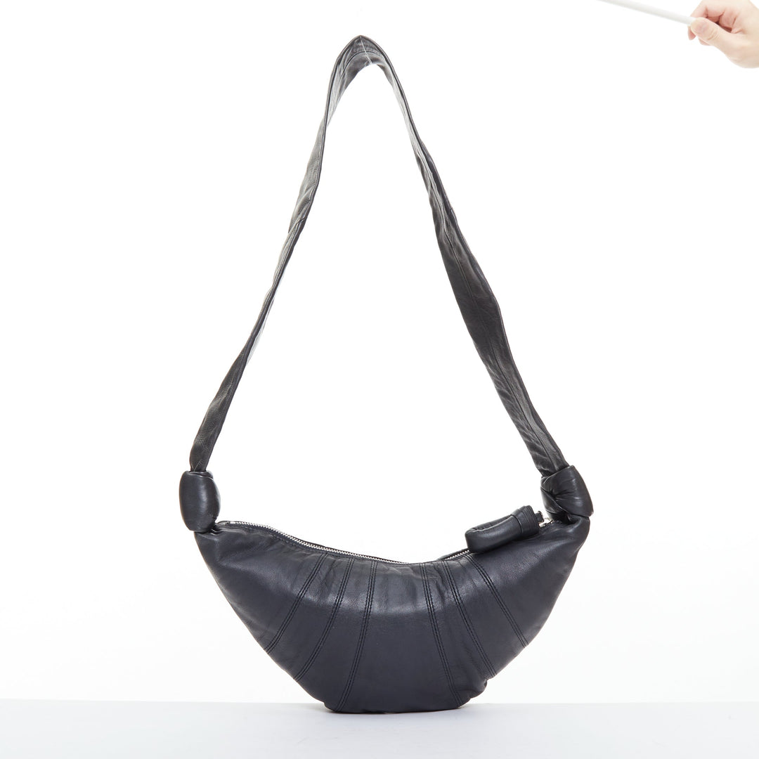 LEMAIRE Small Croissant black lambskin leather panelled half moon crossbody bag