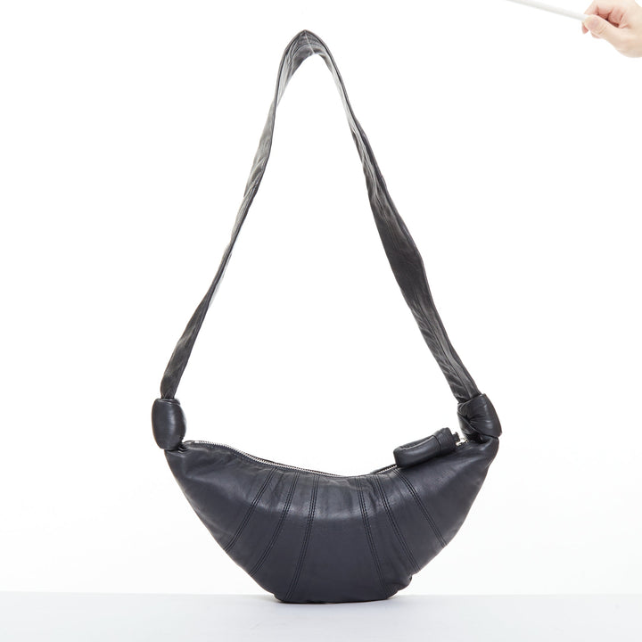 LEMAIRE Small Croissant black lambskin leather panelled half moon crossbody bag