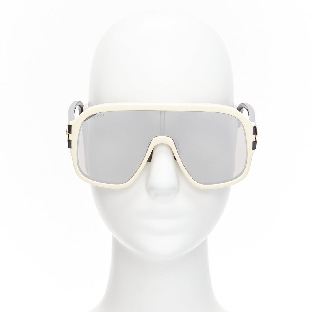 GUCCI GG0900S gold black logo cream frame black lens oversized shield sunglasses