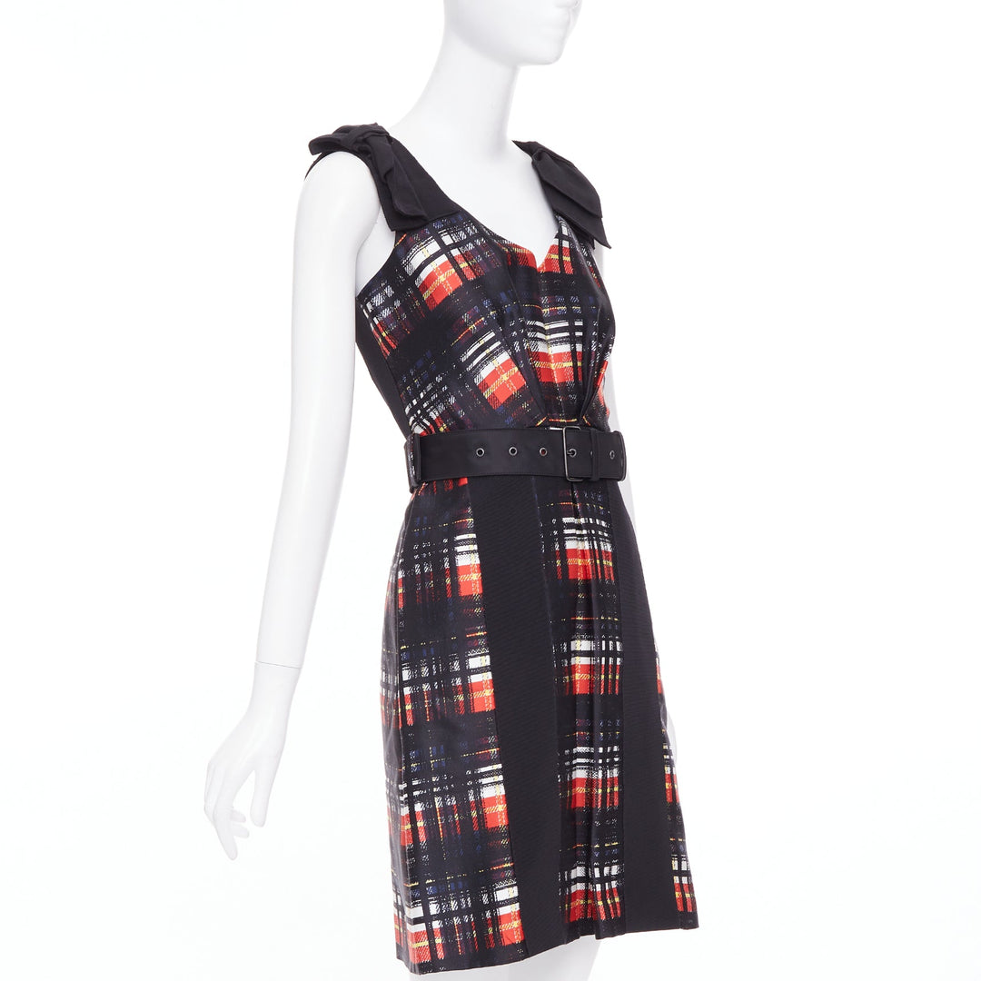 PRADA 2015 Runway Vampire black red wool silk bow shoulder belted dress IT38 XS