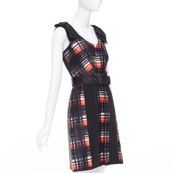 PRADA 2015 Runway Vampire black red wool silk bow shoulder belted dress IT38 XS