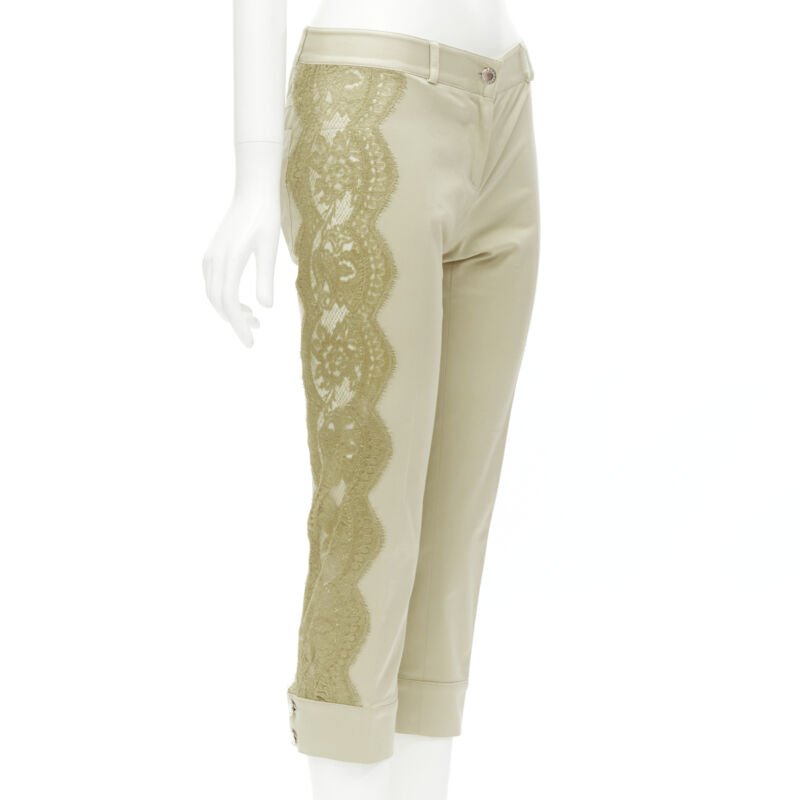 DOLCE GABBANA beige sheer lace insert metal plate cropped pants S