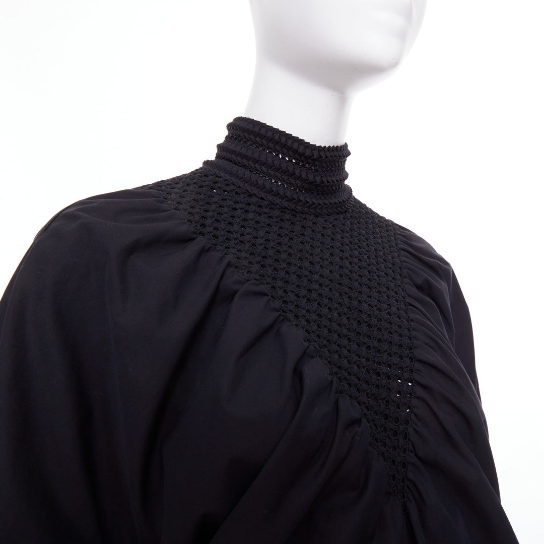 FENDI 2019 Tribute black smocked embroidered eyelet balloon sleeve dress IT38 S