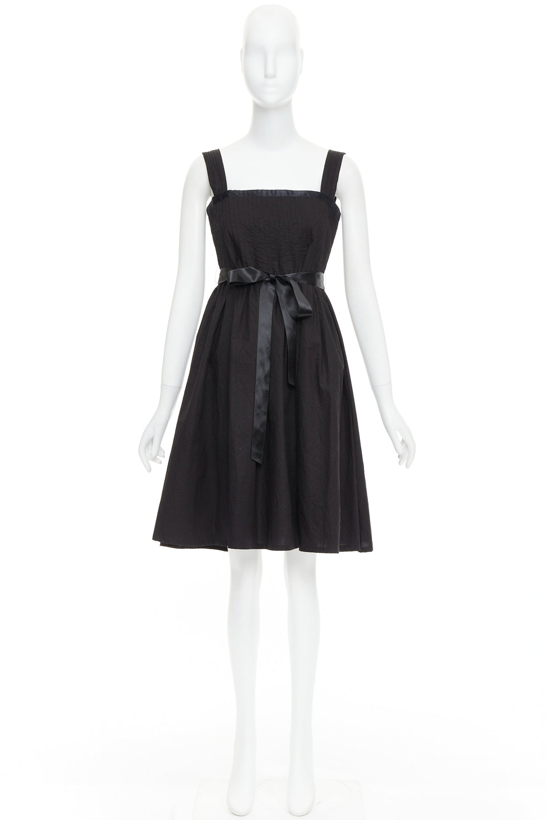 BURBERRY LONDON black cotton pleated waist ribbon tie babydoll dress UK8 S