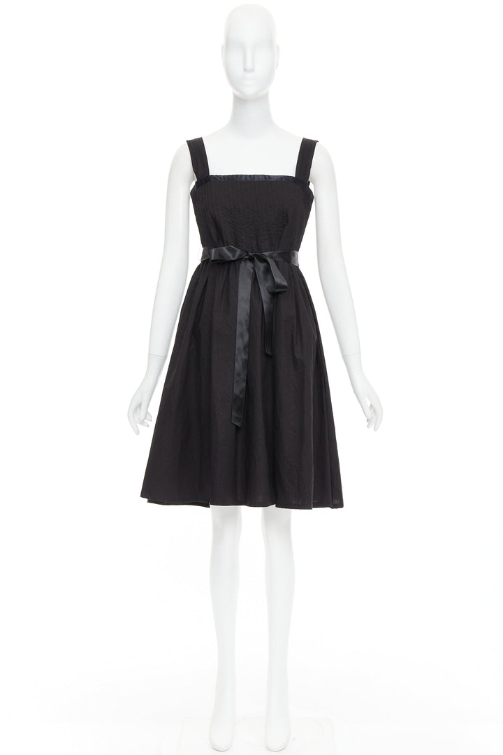 BURBERRY LONDON black cotton pleated waist ribbon tie babydoll dress UK8 S