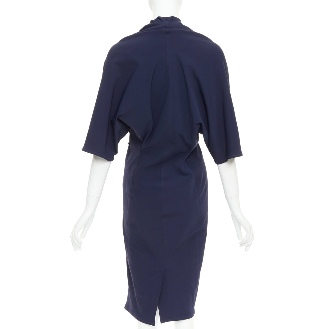 LANVIN 2011 Alber Elbaz navy drape V neck side zip side dolman dress FR40 L